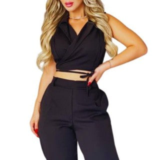 Conjunto de Alfaiataria Preto Calça + Cropped