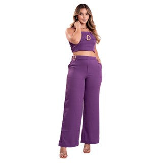 Conjunto Feminino de Alfaiataria Roxo Calça + Cropped,Lojas Ponza
