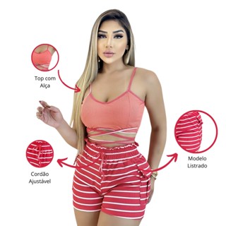 Conjunto Feminino Top e Short Cintura Alta Listrado Rosa Ajustável Modela o Corpo