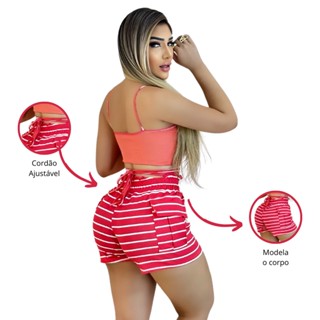Conjunto Feminino Top e Short Cintura Alta Listrado Rosa Ajustável Modela o Corpo