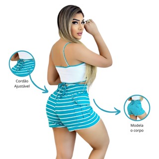 Conjunto Feminino Top e Short Cintura Alta Listrado Azul Ajustável Modela o Corpo