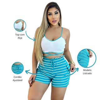 Conjunto Feminino Top e Short Cintura Alta Listrado Azul Ajustável Modela o Corpo